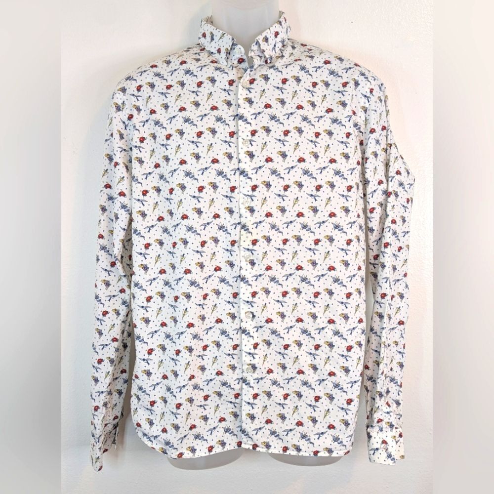 The Kooples Tattoo Edgy Birds Roses Hearts Skulls Rock Moto Button Down Shirt S